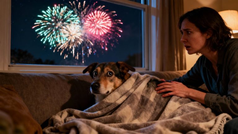 Bange hond verstopt zich voor vuurwerk