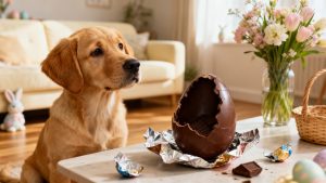 Hond kijkt naar gevaarlijke chocolade paasei.