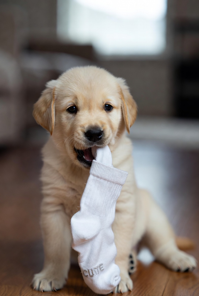 Hond eet een sok