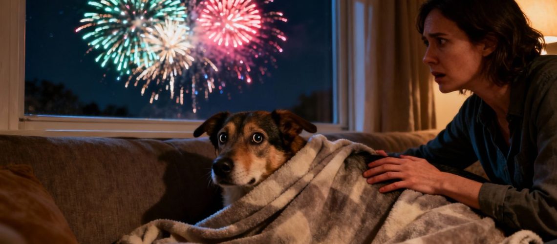 Bange hond verstopt zich voor vuurwerk