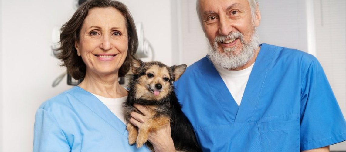 Twee dierenartsen houden samen een kleine hond vast in de kliniek