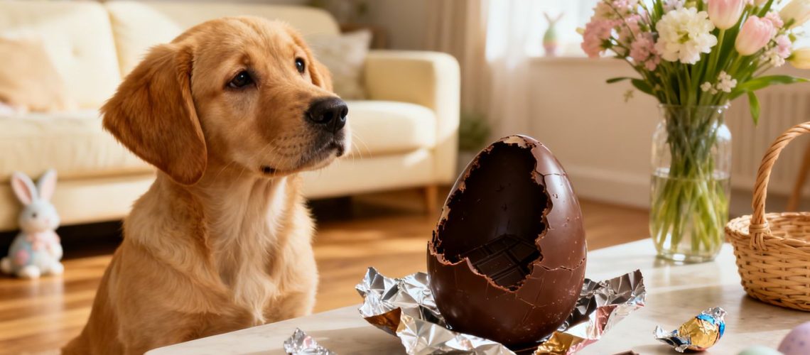 Hond kijkt naar gevaarlijke chocolade paasei.